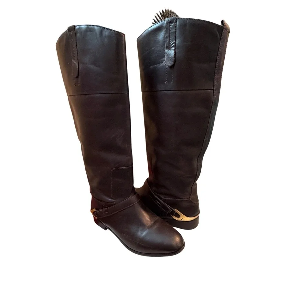 Brown Knee-High Leather Riding Boots Side Strap Gold Buckle Accent Women's Sz 9‎